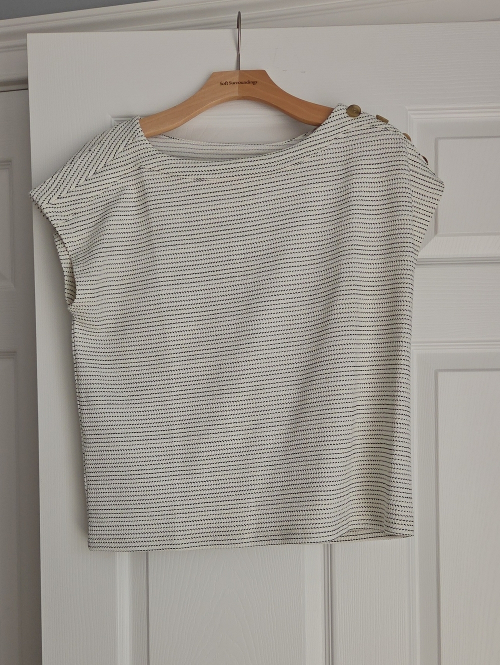 Women’s Striped Boatneck Top with Button Detail - White & Black